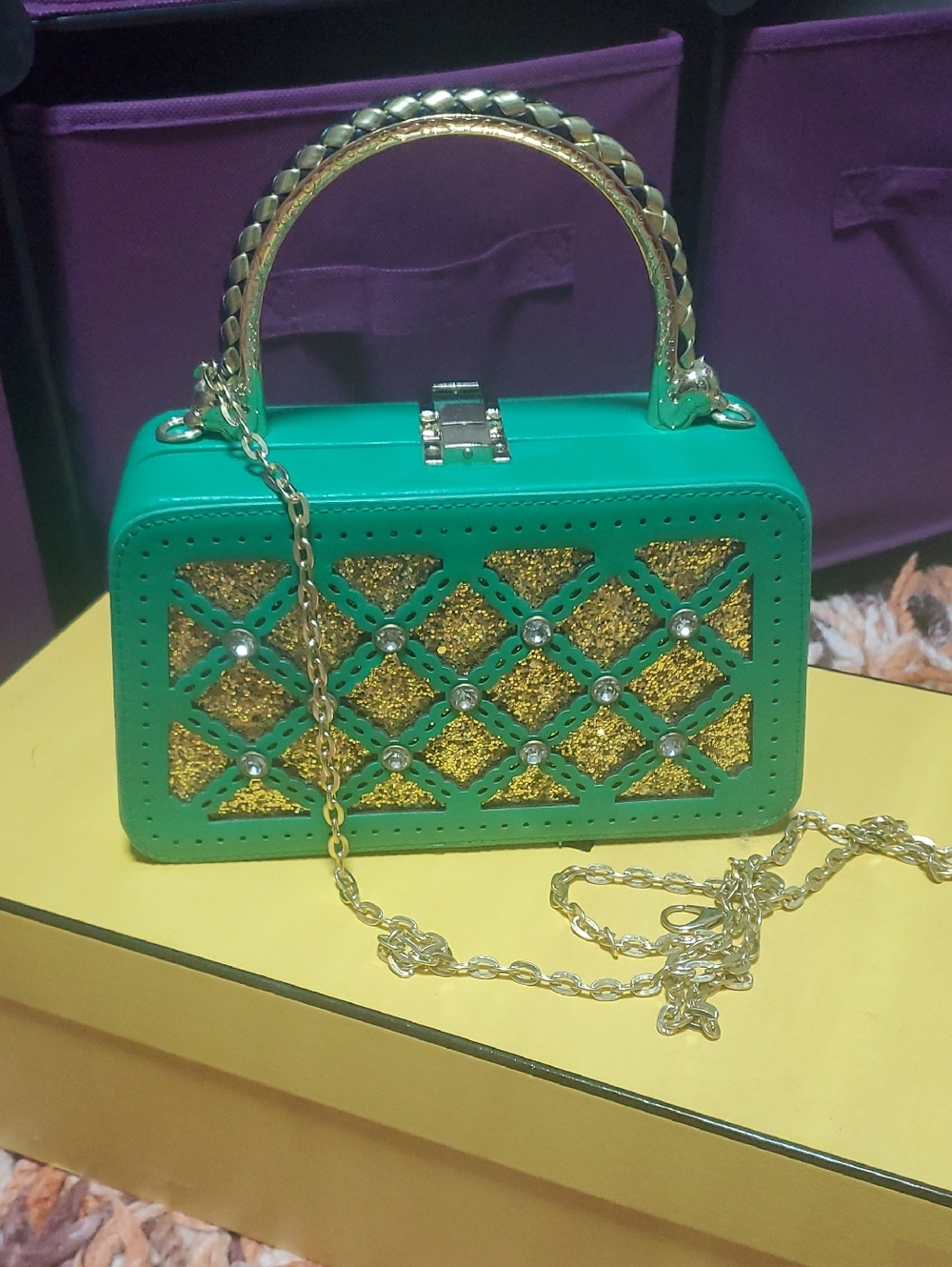 Green and Gold Top-Handle Evening Bag